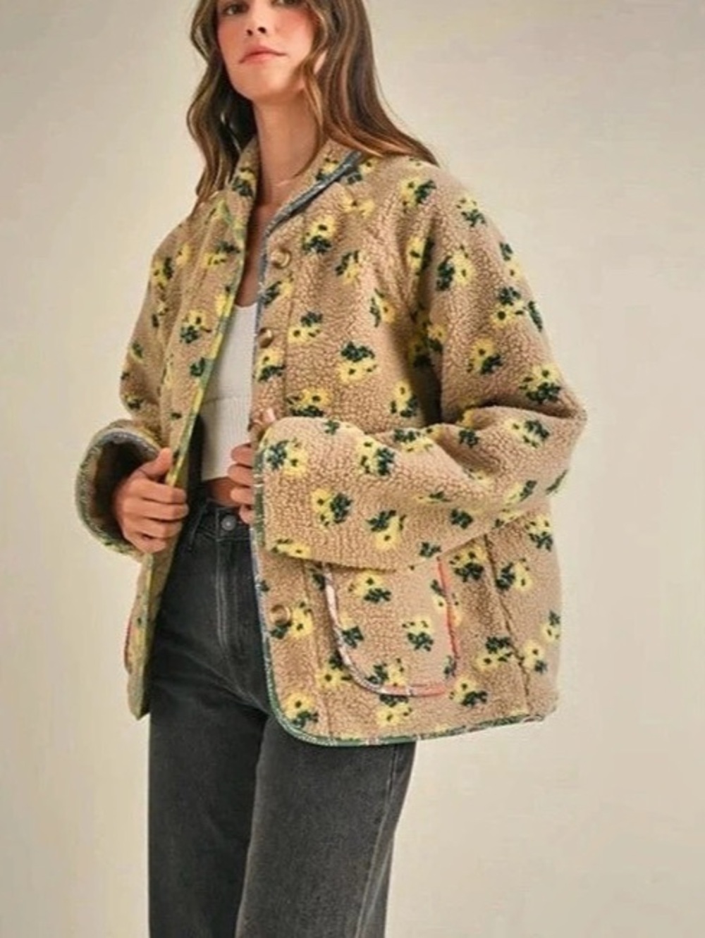 Mable. The Countryside Sherpa Pullover. Floral Jacket Brown & Green